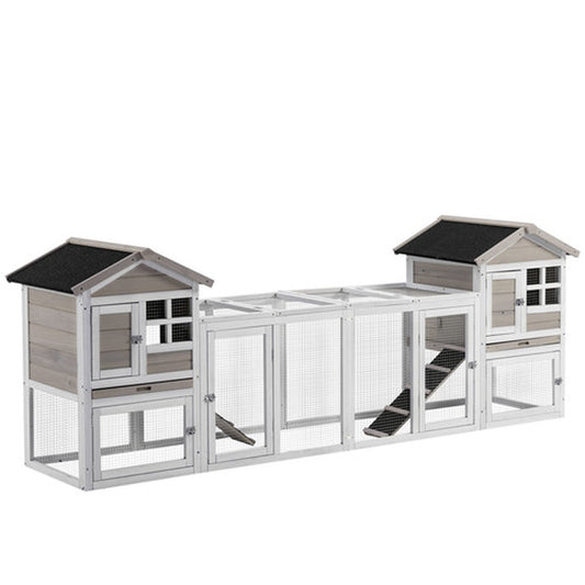 Pawhut 2-In-1 Rabbit Hutch W/ Double House, Run Box, Slide-Out Tray, Ramp